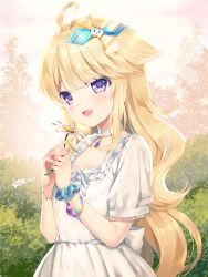 Rule 34 | 1girl, :d, ahoge, animal ears, blonde hair, blue eyes, blue scrunchie, blunt bangs, blush, choker, commentary request, day, dress, fang, fingernails, flower, hair ornament, hands up, heart, heart-shaped pupils, highres, holding, holding flower, long hair, looking at viewer, mvv, open mouth, original, outdoors, ribbon, scrunchie, short sleeves, signature, smile, solo, star (symbol), symbol-shaped pupils, transparent, very long hair, wavy hair, white choker, white dress, white flower, white ribbon, wrist scrunchie