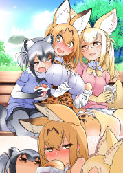 Rule 34 | 10s, 3girls, aged up, alternate breast size, alternate hair length, alternate hairstyle, animal ear fluff, animal ears, bench, bespectacled, black bow, black bowtie, black gloves, black hair, blonde hair, blush, bow, bowtie, breasts, brown eyes, common raccoon (kemono friends), contemporary, day, elbow gloves, fennec (kemono friends), food, fox ears, girl sandwich, glasses, gloves, hayashi (l8poushou), high-waist skirt, highres, holding, holding food, hug, japari bun, kemono friends, kemonomimi mode, large breasts, long hair, multicolored hair, multiple girls, outdoors, ponytail, raccoon ears, raccoon tail, sandwiched, serval (kemono friends), silver hair, sitting, skirt, smile, sweat, tail, v-shaped eyebrows, white gloves, yellow bow, yellow bowtie