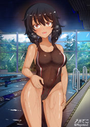 Rule 34 | 1girl, 3d background, andou (girls und panzer), black hair, black one-piece swimsuit, blush, breasts, brown eyes, cameltoe, collarbone, covered navel, female focus, girls und panzer, groin, highres, indoors, large breasts, looking at viewer, megadeko, one-piece swimsuit, open mouth, pool, shiny skin, short hair, solo, standing, swimsuit, tree, window