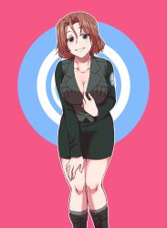 Rule 34 | 10s, 1girl, azumi (girls und panzer), black footwear, black jacket, blue eyes, boots, breasts, brown hair, cleavage, clothes pull, emblem, girls und panzer, grey socks, hand on own thigh, jacket, leaning forward, looking at viewer, military, military uniform, miniskirt, parted bangs, pencil skirt, selection university military uniform, shirt pull, short hair, skirt, smile, socks, solo, standing, torinone, uniform