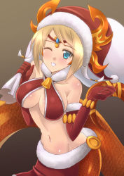 Rule 34 | 1girl, ;d, absurdres, bell, blonde hair, blue eyes, blush, breasts, christmas, circlet, collarbone, criss-cross halter, echidna (p&amp;d), elbow gloves, female focus, fur trim, gloves, halterneck, halterneck, hat, highres, horns, lamia, midriff, monster girl, navel, one eye closed, open mouth, pelvic curtain, puzzle &amp; dragons, red gloves, sack, santa costume, santa hat, sawwei005, smile, solo