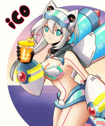 Rule 34 | 1girl, beach, blue eyes, cup, drink, drinking glass, drinking straw, highres, holding, holding drink, ico (megaman x dive), mega man (series), mega man x (series), mega man x dive, robot girl, skimpy bikini, swimsuit, tagme, water, white hair