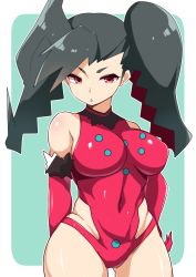 Rule 34 | 1girl, arm behind back, bad id, bad pixiv id, bare shoulders, black hair, breasts, commentary request, cosplay, covered navel, creatures (company), elbow gloves, game freak, gen 8 pokemon, gloves, hand on own hip, highleg, highleg leotard, large breasts, legendary pokemon, leotard, long hair, mituyota 76, nintendo, parted lips, personification, pink eyes, pink leotard, pokemon, regidrago, regidrago (cosplay), shiny skin, solo, twintails, two-tone background, wide hips