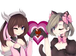 Rule 34 | 2girls, ;), animal ears, bad anatomy, black cat d.va, black gloves, blue eyes, blush, bow, brown hair, cat ears, crossover, d.va (overwatch), devo4ka, dress, fake animal ears, flat chest, gloves, green eyes, halo, head wings, heart, highres, looking at viewer, mechanical halo, mercy (overwatch), mikanskii, multiple girls, one eye closed, original, overwatch, overwatch 1, pink bow, pink dress, pink mercy, puffy short sleeves, puffy sleeves, short sleeves, simple background, smile, twintails, white background, wings, wink