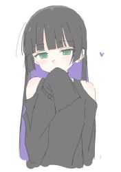 Rule 34 | 1girl, bare shoulders, black dress, black hair, blunt bangs, bocchi the rock!, choker, colored inner hair, covering own mouth, dress, goth fashion, green eyes, heart, hime cut, long hair, looking at viewer, multicolored hair, nitrio, pa-san, purple hair, simple background, sleeves past wrists, solo, white background
