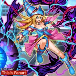 Rule 34 | 1girl, attack, aura, bare shoulders, blonde hair, blue dress, blue footwear, blush stickers, breasts, copyright name, dark magician girl, dress, electricity, energy, green eyes, hat, highres, holding, holding staff, hucydin, large breasts, legs, long hair, looking at viewer, outstretched arm, pink skirt, skirt, solo, staff, witch, witch hat, yu-gi-oh!