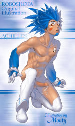 Rule 34 | 1boy, android, blue hair, censored, english text, erection, facial mark, lips, male focus, muscular, nipples, nude, on one knee, open mouth, orange eyes, original, penis, po-ju, precum, realistic, solo