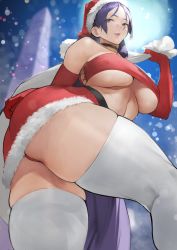 Rule 34 | 1girl, absurdres, arched back, ass, bad id, bad twitter id, blurry, blurry background, breasts, choker, elbow gloves, fate/grand order, fate (series), from below, fur-trimmed headwear, fur-trimmed skirt, fur trim, gloves, hand up, hat, high-waist skirt, highres, holding, large breasts, long hair, mature female, minamoto no raikou (fate), panties, parted lips, purple eyes, purple hair, red gloves, red panties, red skirt, sack, santa hat, skindentation, skirt, solo, teeth, thick thighs, thighhighs, thighs, twisted torso, underboob, underwear, upper teeth only, very long hair, white thighhighs, yoshio (55level)
