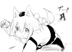 Rule 34 | 1girl, animal ears, blood on hands, foreshortening, greyscale, hat, inubashiri momiji, monochrome, pom pom (clothes), skirt, smile, tail, taurine 8000mg, tokin hat, touhou, twitter username, v-shaped eyebrows, wolf ears, wolf tail
