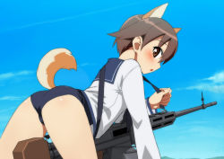 Rule 34 | 1girl, :o, animal ears, ass, bad id, bad pixiv id, blush, brown eyes, brown hair, cloud, day, drum magazine, female focus, gun, looking at viewer, machine gun, magazine (weapon), miyafuji yoshika, open mouth, profile, school swimsuit, school uniform, serafuku, short hair, sky, solo, strike witches, swimsuit, swimsuit under clothes, tail, thighs, tonbi, weapon, world witches series