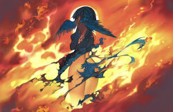 Rule 34 | 1girl, absurdres, bare shoulders, bird girl, bird tail, bird wings, blue dress, blue eyes, blue hair, burning, burning clothes, chinese commentary, commentary request, dress, eboda-x, feathered wings, feet out of frame, final fantasy, final fantasy xiv, fire, from behind, half-closed eyes, head wings, highres, looking at viewer, looking back, meteion, self hug, short hair, solo, standing, sun, tail, wings