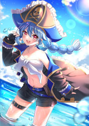 Rule 34 | 1girl, blue hair, hat, highres, long hair, looking at viewer, midriff, navel, ocean, open mouth, original, pei jing, pirate, pirate hat, red eyes, short shorts, shorts, smile, solo, twintails