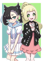 2girls :d asymmetrical_bangs black_collar black_hair black_jacket blonde_hair blue_ribbon blush border braid collar collarbone commentary_request cosplay costume_switch creatures_(company) dress eyelashes game_freak green_background green_eyes hair_ribbon highres jacket knees lillie_(pokemon) long_hair long_sleeves marnie_(pokemon) multiple_girls nintendo open_mouth outside_border own_hands_together pink_dress pleated_skirt pokemon pokemon_sm pokemon_swsh ponytail ribbon shirt short_sleeves skirt smile twintails white_border white_shirt white_skirt yuu_(jgvj7873)