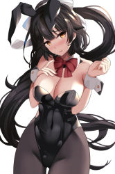 Rule 34 | 1girl, animal ears, azur lane, bare shoulders, black hair, black leotard, bow, bowtie, breasts, brown pantyhose, cleavage, covered navel, detached collar, fake animal ears, hand on own chest, highleg, highleg leotard, highres, large breasts, leotard, long hair, onasuba, orange eyes, pantyhose, playboy bunny, ponytail, rabbit ears, simple background, solo, strapless, strapless leotard, takao (azur lane), thigh gap, very long hair, white background, wrist cuffs