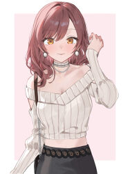 Rule 34 | 1girl, black skirt, blush, brown hair, cropped shirt, earrings, highres, idolmaster, idolmaster shiny colors, jewelry, light smile, long sleeves, looking at viewer, medium hair, midriff, off-shoulder shirt, off shoulder, osaki amana, ribbed shirt, shirt, simple background, skirt, solo, two-tone background, white shirt, yellow eyes, yumeme 818