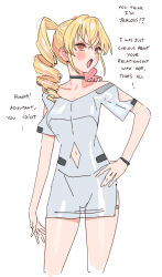 Rule 34 | 1girl, blonde hair, blush, choker, clothing cutout, collarbone, conto, dress, drill hair, fenny golden, highres, lipstick, makeup, navel cutout, open mouth, orange eyes, simple background, snowbreak: containment zone, solo, tsundere, twintails, white background, white dress
