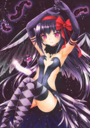 Rule 34 | 10s, 1girl, akemi homura, akuma homura, argyle, argyle clothes, argyle legwear, armpits, arms up, bad id, bad pixiv id, bare shoulders, black gloves, black hair, black wings, bow, choker, dark orb (madoka magica), dress, elbow gloves, feathered wings, feathers, funnyfunny, gloves, hair bow, long hair, looking at viewer, mahou shoujo madoka magica, mahou shoujo madoka magica: hangyaku no monogatari, purple eyes, solo, space, spoilers, star (sky), thighhighs, thighs, wings