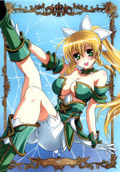 Rule 34 | 10s, 1girl, :d, ahoge, arm up, armor, armored boots, ass, bare shoulders, bike shorts, blonde hair, blue background, blush, body blush, boots, border, braid, breasts, broken glass, center opening, cleavage, collarbone, cross-laced footwear, crown, detached collar, detached sleeves, dress, flower, from side, glass, gloves, gradient background, green dress, green eyes, green footwear, hair between eyes, hair ribbon, hair tie, happy, head tilt, high ponytail, highres, kanna (plum), knee boots, kneepits, large breasts, leafa, leafa (sao:im), leg up, legs, long hair, looking at viewer, open mouth, outside border, page number, ponytail, ribbon, scan, short dress, sideboob, sidelocks, sitting, smile, sword art online, sword art online: infinity moment, tareme, twin braids, very long hair, white gloves