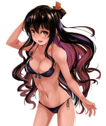 Rule 34 | 10s, 1girl, :d, bikini, black bikini, black hair, breasts, brown eyes, cleavage, front-tie top, highres, kantai collection, long hair, looking at viewer, maki (maki pei), md5 mismatch, medium breasts, multicolored hair, naganami (kancolle), navel, open mouth, pink hair, side-tie bikini bottom, simple background, smile, solo, standing, swimsuit, two-tone hair, very long hair, wet, white background
