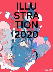 Rule 34 | 1girl, 2020, blue hair, daisukerichard, flat color, glasses, illustration.media, long hair, long sleeves, original, red background, round eyewear, scarf, simple background, solo, third-party source, upside-down