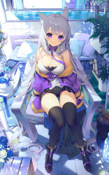 Rule 34 | 1girl, akizone, animal ears, bare shoulders, black footwear, black thighhighs, boots, breasts, cleavage, closed mouth, full body, highres, indoors, jacket, knees together feet apart, large breasts, long hair, long sleeves, looking at viewer, off shoulder, open clothes, open jacket, original, plant, potted plant, purple eyes, purple jacket, shirt, short shorts, shorts, sleeveless, sleeveless shirt, smile, solo, thighhighs, thighs, white hair, white shirt