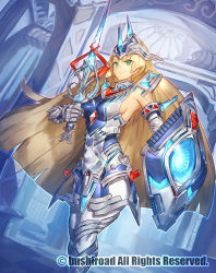 Rule 34 | 1girl, armor, big hair, blonde hair, breasts, cardfight!! vanguard, closed mouth, commentary request, elbow gloves, gauntlets, gloves, green eyes, helmet, holding, holding sword, holding weapon, long hair, melon22, official art, shield, sideboob, smile, solo, standing, sword, very long hair, watermark, weapon