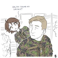 Rule 34 | 1girl, 3boys, absurdres, artist logo, brown hair, camouflage, camouflage jacket, closed mouth, commentary, english commentary, english text, highres, jacket, long sleeves, looking at another, looking to the side, military, military rank insignia, military uniform, multiple boys, open mouth, original, ostwindprojekt, partially colored, short hair, simple background, uniform, upper body, white background