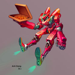 Rule 34 | anh dang, artist name, box, commentary, english commentary, food, grey background, holding, holding box, jet engine, mecha, no humans, original, pizza, pizza box, robot, signature, simple background