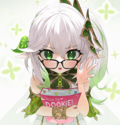 Rule 34 | 1girl, bare shoulders, blush, book, bookmark, bracelet, child, commentary, cross-shaped pupils, dress, english commentary, genshin impact, glasses, gradient hair, green eyes, green hair, green sleeves, hair between eyes, hair ornament, highres, holding, holding book, jewelry, juffles, leaf hair ornament, long hair, looking at viewer, multicolored hair, nahida (genshin impact), open mouth, pointy ears, side ponytail, solo, symbol-shaped pupils, upper body, white dress, white hair