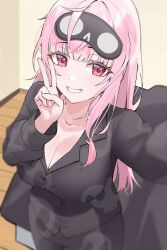 Rule 34 | 1girl, absurdres, black pajamas, blush, breasts, cleavage, clenched teeth, collarbone, commentary, grin, highres, hololive, hololive english, large breasts, long hair, long sleeves, looking at viewer, michelan, mori calliope, pajamas, pink eyes, pink hair, print pajamas, selfie, skull print, sleep mask, smile, solo, symbol-only commentary, teeth, v, virtual youtuber