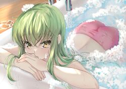 Rule 34 | 1girl, absurdres, ass, back, bathing, bathtub, bikini, blush, budgiepon, c.c., code geass, commentary, covering own mouth, crossed arms, crossed bangs, day, dutch angle, eyelashes, eyes visible through hair, floating hair, green hair, hair between eyes, hair over shoulder, hair spread out, highres, indoors, long hair, looking at viewer, lying, on stomach, partially submerged, pink bikini, sidelocks, soap bubbles, solo, straight hair, swimsuit, upturned eyes, very long hair, water, water stream, wet, wet clothes, wet hair, wet swimsuit, yellow eyes