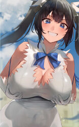 Rule 34 | 1girl, absurdres, bare shoulders, bell, black hair, blue eyes, blue ribbon, blue sky, blurry, blurry background, breast hold, breasts, cleavage, cleavage cutout, clothing cutout, cloud, covered navel, day, dress, dungeon ni deai wo motomeru no wa machigatteiru darou ka, foreshortening, gloves, grabbing own breast, grin, hair bell, hair ornament, hair ribbon, hestia (danmachi), highres, large breasts, long hair, looking at viewer, naughty face, outdoors, rei no himo, ribbon, rororo, sky, sleeveless, sleeveless dress, smile, solo, twintails, upper body, v-shaped eyebrows, very long hair, white dress, white gloves, white ribbon