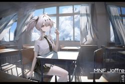 Rule 34 | 1girl, absurdres, alternate costume, azur lane, black necktie, black skirt, breasts, chair, character name, collared shirt, curtains, day, from side, grey hair, highres, indoors, joffre (azur lane), ka11 ca, looking at viewer, looking to the side, medium breasts, miniskirt, necktie, pantyhose, red eyes, school, school chair, school uniform, shirt, short sleeves, sitting, skirt, solo, white pantyhose, white shirt, window