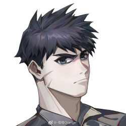 Rule 34 | 1boy, alchemy stars, profile picture, black hair, chengzibaobaozhu, collared shirt, frown, grey hair, looking at viewer, male focus, pittman (alchemy stars), portrait, scar, scar on face, shirt, short hair, sideburns, solo, thick eyebrows