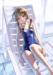 Rule 34 | 1girl, 2channel, aro (charged time out), bare legs, bare shoulders, blue eyes, blue one-piece swimsuit, breasts, brown hair, colored eyelashes, covered erect nipples, female focus, looking at viewer, lying, on back, one-piece swimsuit, original, parted lips, photo-referenced, small breasts, smile, solo, swimsuit, third-party source, twintails