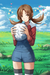 Rule 34 | 1girl, blue sky, brown eyes, brown hair, cloud, creatures (company), day, game freak, gen 2 pokemon, grass, highres, hoppip, jumpluff, ledyba, looking at viewer, lyra (pokemon), nintendo, outdoors, overalls, pokemon, pokemon (creature), pokemon hgss, redpoke, sky, solo focus, twintails