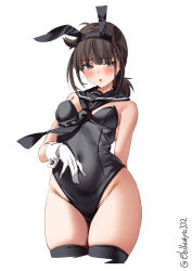 Rule 34 | 1girl, alternate costume, animal ears, black sailor collar, blush, breasts, ebifurya, fake animal ears, fake tail, gloves, hair flaps, hatsuzuki (kancolle), highres, kantai collection, leotard, looking at viewer, one-piece swimsuit, playboy bunny, rabbit ears, sailor collar, small breasts, solo, strapless, strapless leotard, swimsuit, tail, thighhighs, twitter username, white background, white gloves, wrist cuffs
