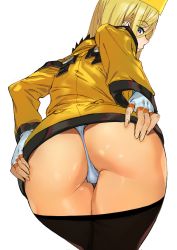 Rule 34 | 1girl, ashiomi masato, ass, blonde hair, blue eyes, closed mouth, commentary request, dress, dutch angle, fingerless gloves, fingernails, from behind, gloves, guilty gear, hat, huge ass, long sleeves, looking at viewer, looking back, millia rage, panties, pantyhose, shiny skin, short dress, simple background, solo, thighs, underwear, white background, white gloves, white panties, yellow dress