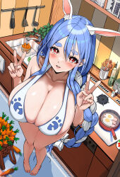 1girl animal_ear_fluff animal_ears bare_legs bikini blue_hair blush braid braided_ponytail breasts cabinet carrot carrot_print cleavage double_v faucet food_print fried_egg frying_pan highres hololive huge_breasts indoors kitchen kntrs_(knyrs) ladle long_hair looking_at_viewer multicolored_hair open_mouth pekomama rabbit_ears rabbit_girl red_eyes shiny_skin short_eyebrows sink smile solo spatula standing stove swimsuit thick_eyebrows two-tone_hair v very_long_hair virtual_youtuber white_bikini white_hair