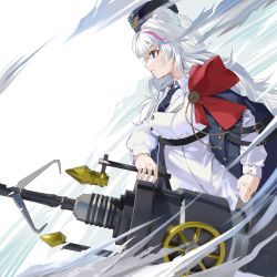 Rule 34 | 1girl, animal ears, arknights, bear ears, blue eyes, blue hair, blue hat, blue necktie, bow, buttons, cannon, chinese commentary, coat, commentary request, from side, harpoon, harpoon cannon, harpoon gun, hat, highres, holding, holding weapon, hongbaise raw, long hair, multicolored hair, necktie, red bow, red hair, rosa (arknights), smoke, solo, streaked hair, upper body, ursus empire logo, weapon, white background, white coat, white hair