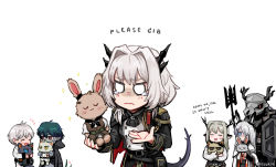 Rule 34 | 3boys, 3girls, :d, ^ ^, afterimage, ahoge, alina (arknights), animal ears, antenna hair, antlers, arknights, ascot, belt, black ascot, black belt, black capelet, black gloves, black jacket, black neckerchief, black pants, black shirt, blue eyes, blush, brown dress, brown eyes, cape, capelet, character doll, chibi, closed eyes, crying, crying with eyes open, deer antlers, deer ears, deer girl, dragon girl, dragon horns, dragon tail, dress, ear ornament, english text, epaulettes, father and daughter, faust (arknights), fingerless gloves, frostnova (arknights), gloves, green hair, grey hair, hair intakes, hair over one eye, halberd, highres, holding, holding polearm, holding stuffed toy, holding weapon, hood, hooded jacket, horns, jacket, jacket on shoulders, jitome, long sleeves, mephisto (arknights), multiple boys, multiple girls, neckerchief, o o, one eye covered, open clothes, open jacket, open mouth, pants, pinafore dress, pointy ears, polearm, rabbit ears, rabbit girl, scales, scar, scar across eye, shirt, short hair, silverxp, simple background, sleeveless, sleeveless dress, smile, snake tail, sparkle, stuffed animal, stuffed cat, stuffed rabbit, stuffed toy, tail, tail wagging, talulah (arknights), talulah the fighter (arknights), tears, twitter username, two-tone shirt, uwu, v-shaped eyebrows, wavy mouth, weapon, white background, white cape, white shirt