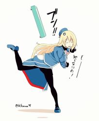 Rule 34 | 10s, 1girl, anger vein, ascot, atago (kancolle), beret, black gloves, blonde hair, blue jacket, closed eyes, commentary request, false smile, gloves, hat, hikawa79, jacket, kantai collection, leg up, long hair, one-hour drawing challenge, open mouth, pantyhose, shadow, shoes, short hair, sketch, smile, solo, throwing, translation request, twitter username, uniform, weighing scale, weight conscious, white background