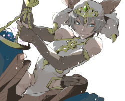 Rule 34 | 10s, 1boy, animal ears, bad id, bad pixiv id, bare shoulders, blue eyes, closed mouth, elbow gloves, erune, fingerless gloves, gloves, granblue fantasy, grey hair, looking to the side, makeup, male focus, mascara, ri-ru, scales, smile, solo, white hair, xiao (granblue fantasy)