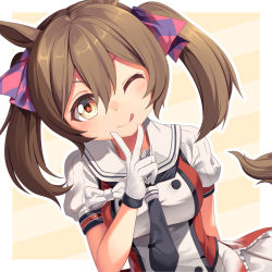 Rule 34 | 1girl, ;q, animal ears, arm behind back, black neckerchief, blush, bow, breasts, brown eyes, brown hair, buttons, commentary request, cosplay, cowboy shot, double-breasted, gloves, hair between eyes, hair bow, hair ornament, highres, horse ears, horse girl, horse tail, kantai collection, long hair, looking at viewer, medium breasts, naka (kancolle), naka (kancolle) (cosplay), naka kai ni (kancolle), neckerchief, one eye closed, puffy short sleeves, puffy sleeves, sailor collar, shirt, short sleeves, sidelocks, skirt, smart falcon (umamusume), smile, solo, standing, tail, tongue, tongue out, trait connection, twintails, umamusume, v, white gloves, white sailor collar, white skirt, yasume yukito