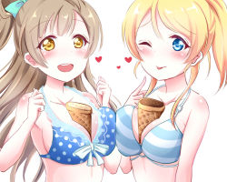 Rule 34 | 2girls, :d, ;p, aqua bow, ayase eli, between breasts, bikini, blonde hair, blue eyes, blush, bow, breasts, brown hair, collarbone, hair bow, heart, heart-shaped pupils, love live!, love live! school idol project, medium breasts, minami kotori, multiple girls, one eye closed, open mouth, pipette (artist), polka dot, polka dot bikini, polka dot bikini top, shiny skin, side ponytail, sideboob, simple background, smile, standing, striped bikini, striped bikini top, striped clothes, swimsuit, symbol-shaped pupils, tongue, tongue out, upper body, white background, yellow eyes