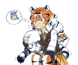 Rule 34 | 1girl, :d, animal ears, animal print, black hair, bow, chain, closed mouth, cuffs, dorikyasun, frown, gloves, hair bow, hat, highres, holding, holding paper, kemono friends, kyururu (kemono friends), light brown hair, long hair, long sleeves, low-tied long hair, multicolored hair, necktie, open mouth, orange bow, orange eyes, pantyhose, paper, print gloves, print pantyhose, shackles, shirt, siberian tiger (kemono friends), simple background, sitting, skirt, smile, solo, streaked hair, sweater vest, tail, tearing up, thought bubble, tiger ears, tiger print, tiger tail, twintails, white background, white hair, white shirt, yellow necktie, yellow skirt