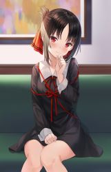 Rule 34 | 1girl, 3:, black dress, black hair, blush, closed mouth, collared dress, commentary request, couch, dress, feet out of frame, folded ponytail, hair ribbon, head tilt, highres, hitsukuya, indoors, kaguya-sama wa kokurasetai ~tensai-tachi no renai zunousen~, looking at viewer, neck ribbon, on couch, parted bangs, red eyes, red ribbon, ribbon, school uniform, shinomiya kaguya, shuuchiin academy school uniform, sidelocks, sitting, solo