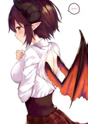 Rule 34 | 1girl, backless outfit, blush, breasts, commentary request, dragon girl, dragon horns, dragon wings, grea (shingeki no bahamut), highres, horns, large breasts, looking at viewer, looking back, manaria friends, medium breasts, plaid, plaid skirt, pointy ears, purple hair, red eyes, shingeki no bahamut, shirt, short hair, simple background, skirt, solo, speech bubble, spoken blush, tail, white background, white shirt, wings, yamato (muchuu paradigm)