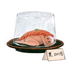 Rule 34 | 1girl, bad id, bad twitter id, black eyes, breasts, closed mouth, commentary request, congming33, dot mouth, fish (food), food, full body, glass, looking at viewer, lying, nude, on side, original, plate, price, sashimi, short hair, sign, small breasts, soles, solo, white hair