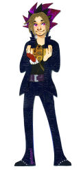 Rule 34 | 1boy, artist name, belt, belt buckle, black footwear, black shirt, blonde hair, blue jacket, blue pants, blue sleeves, buckle, closed mouth, collared jacket, commentary, english commentary, fingerless gloves, full body, gloves, hieroglyphics, holding, jacket, layered sleeves, long sleeves, looking at viewer, male focus, multicolored hair, muto yugi, object request, open clothes, open jacket, pants, purple belt, purple eyes, red gloves, red hair, shirt, shoes, short hair, simple background, single fingerless glove, smile, solo, spiked hair, thick eyebrows, two-tone hair, white background, white bracelet, yu-gi-oh!, yu-gi-oh! duel monsters, yutaan